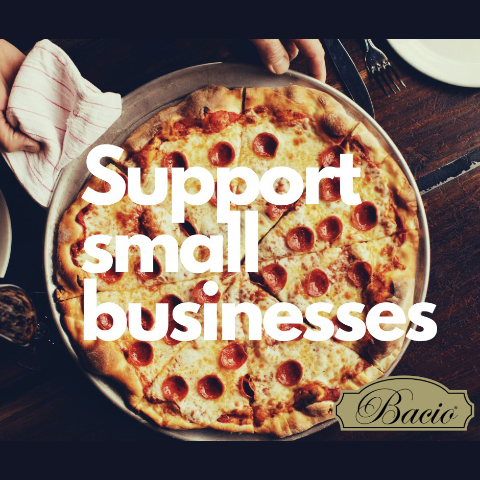 Wordmark that reads Support Small Businesses on top of an image of a pepperoni pizza