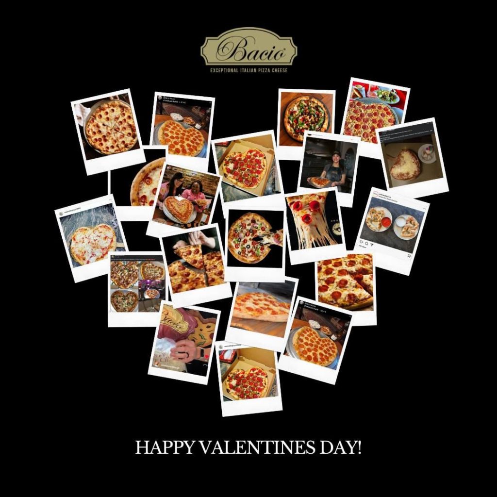 a heart-shaped collage of polaroid photos showing various pizzas
