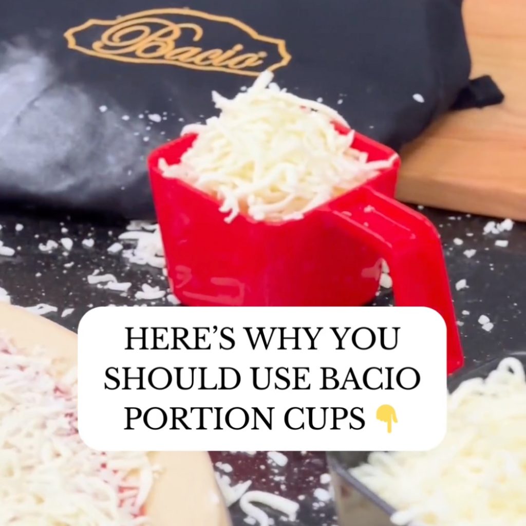 still from video showing Bacio portion cups to measure cheese for pizza