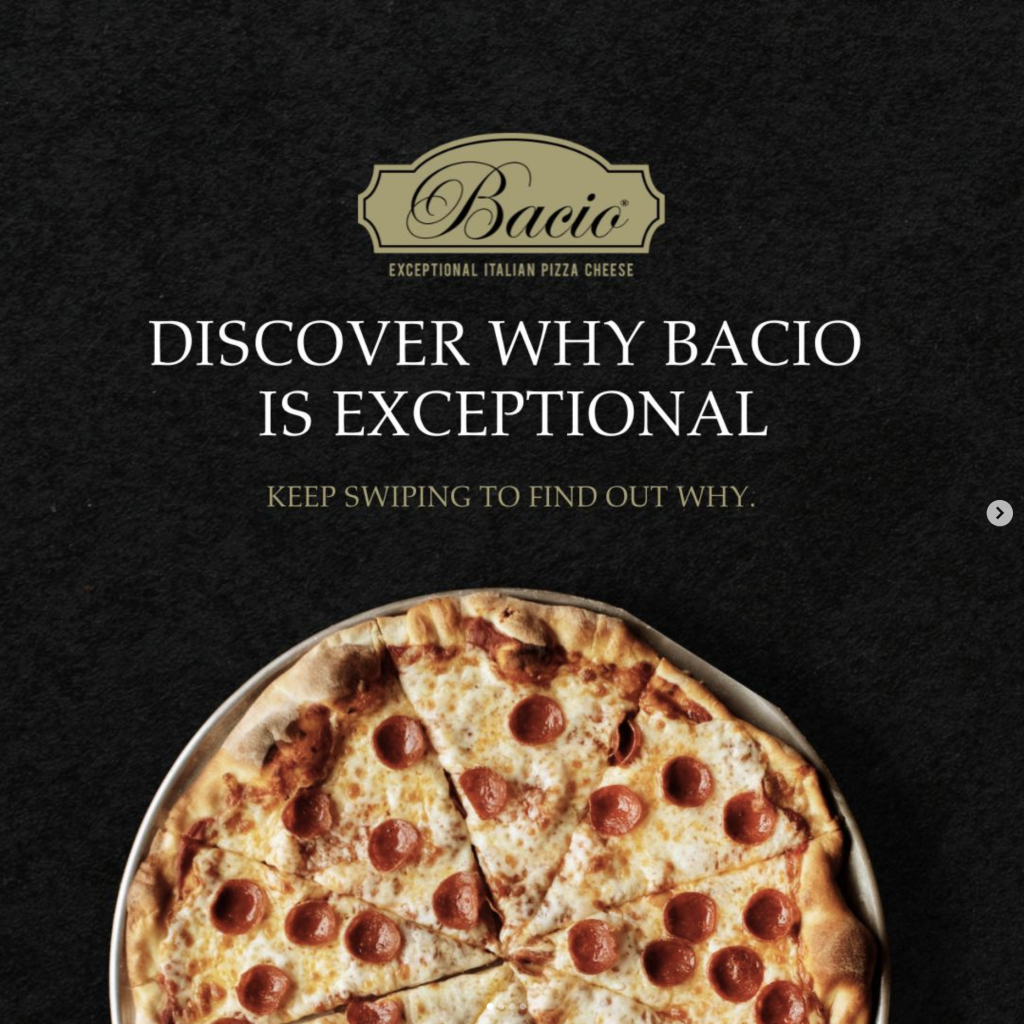 Captioned image of pizza, reads Discover Why Bacio is Exceptional