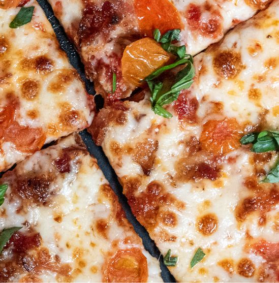 Masonry panel 1, four corners of sliced pizza with Bacio cheese
